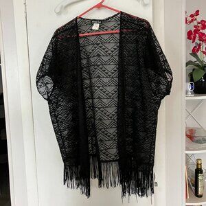 Black Lace with Fringe Coverup Top Size L EUC